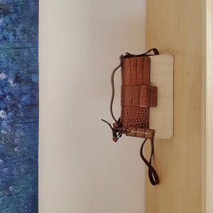 Vince Camuto Croc-Embossed Brown and Woven Tan Crossbody Bag